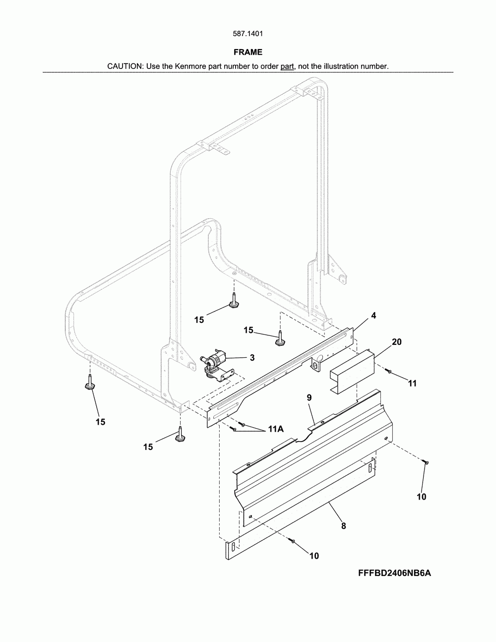 Frame Diagram and Parts List for 58714012416B  Kenmore Dishwasher