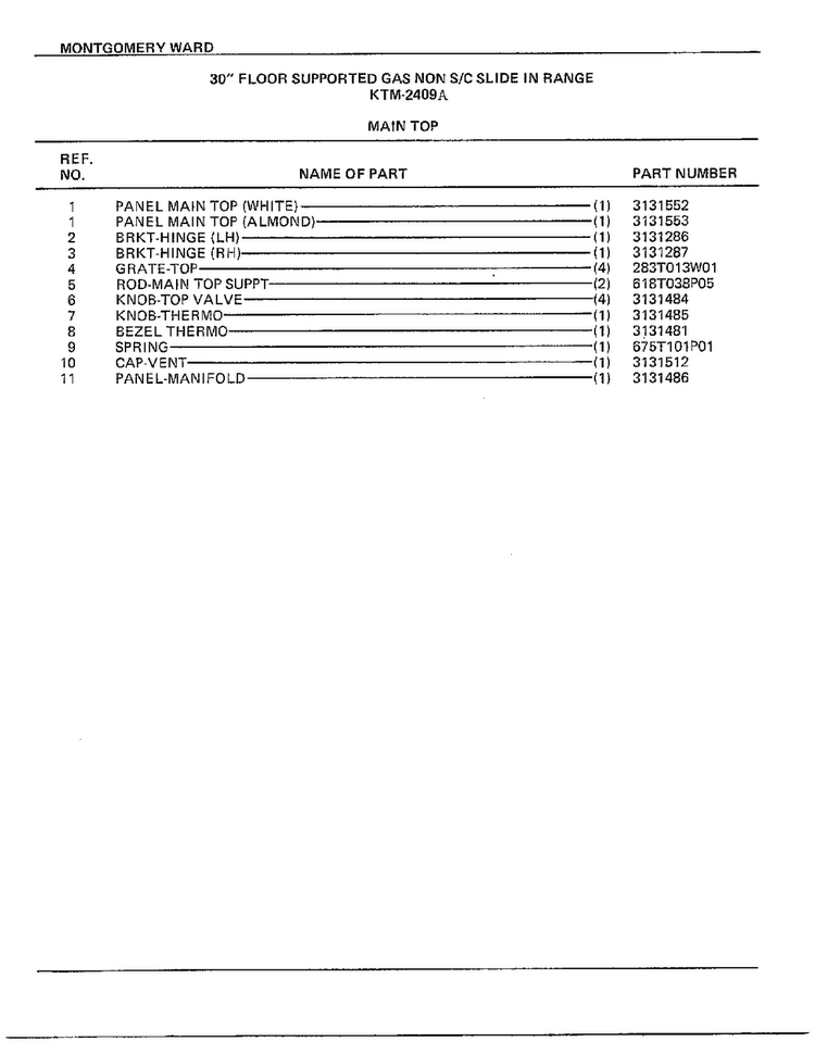 30" Floor/main Top Page 2 Diagram and Parts List for 2409A  Frigidaire Range