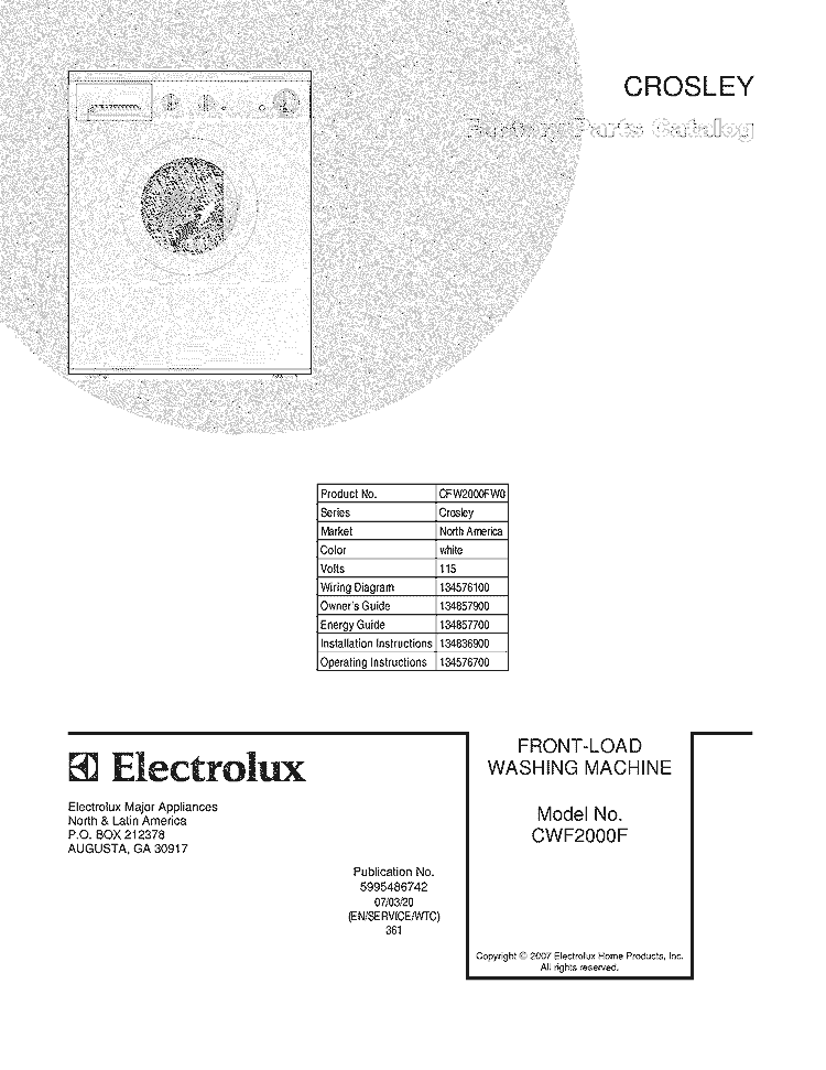COVER Diagram and Parts List for CFW2000FW0  Crosley Washer