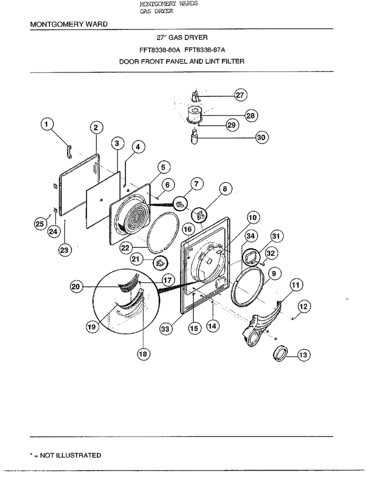 27` Door Front Panel/lint Filter Diagram and Parts List for 8338A  Frigidaire Dryer