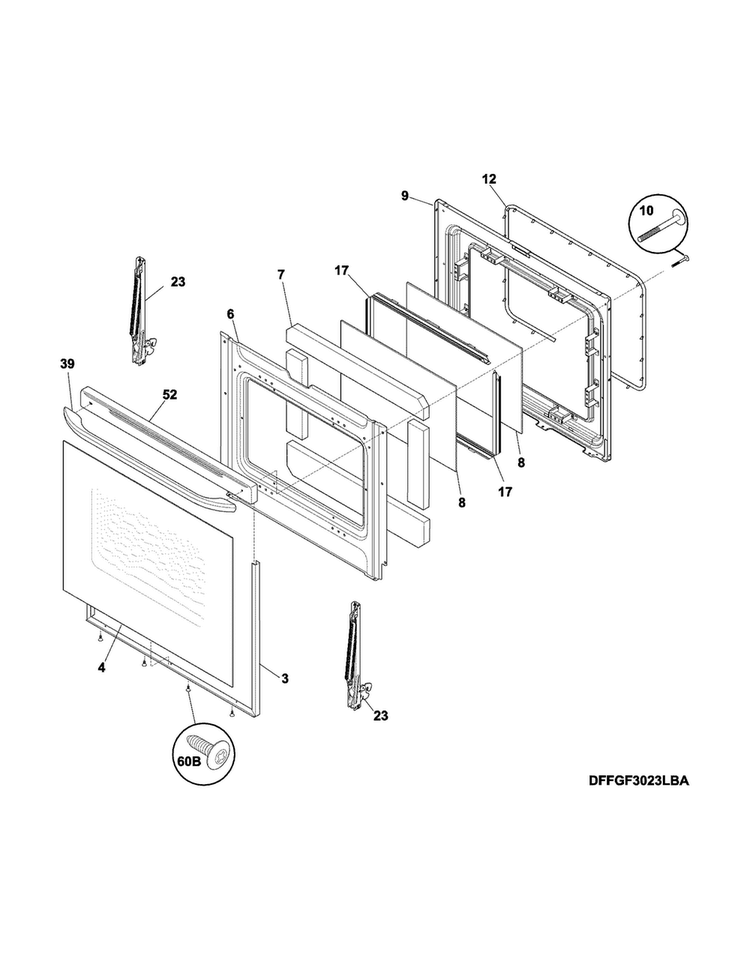 Door Diagram and Parts List for FFGF3021ZWE  Frigidaire Range
