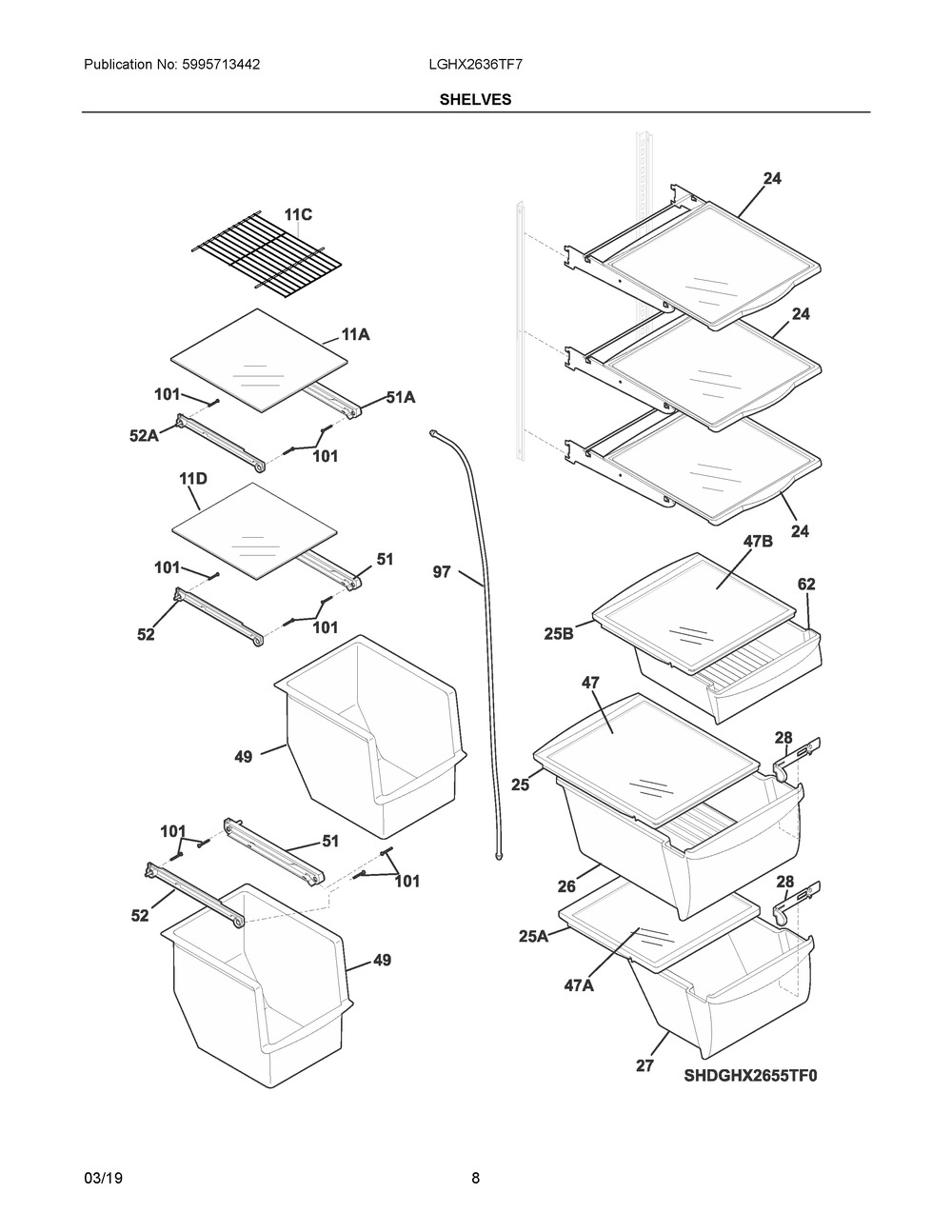 Shelves Diagram and Parts List for LGHX2636TF7  Frigidaire Refrigerator