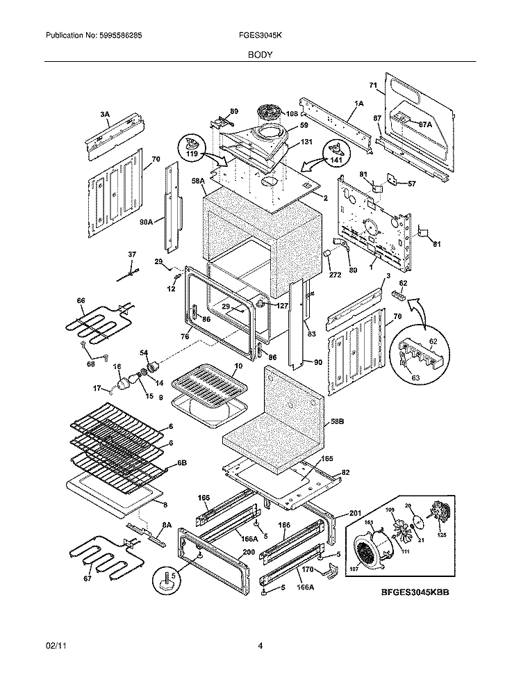BODY Diagram and Parts List for FGES3045KBC  Frigidaire Wall Oven