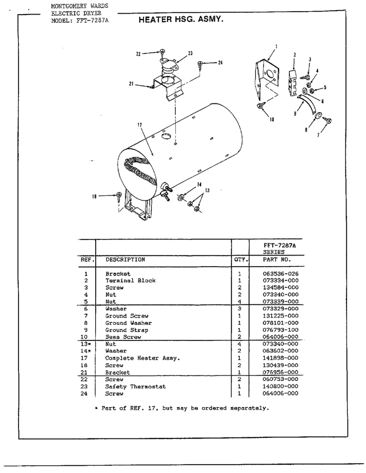 Heater Housing Assembly Diagram and Parts List for 7287A  Frigidaire Dryer