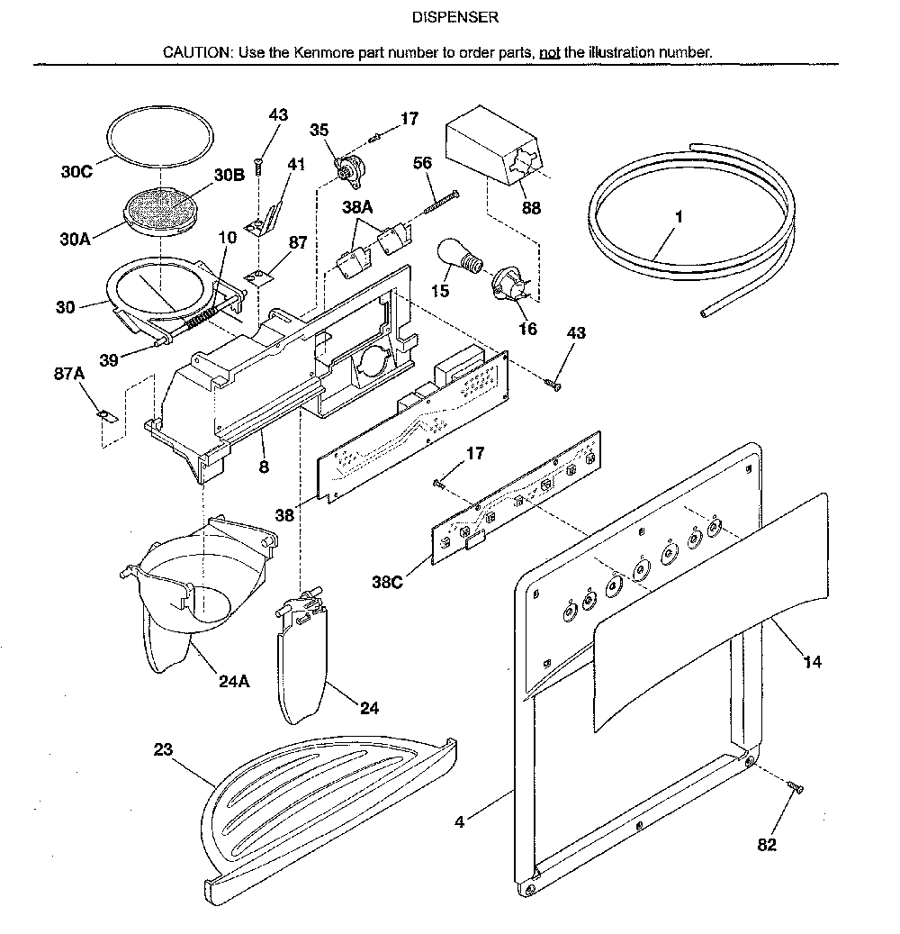Dispenser Diagram and Parts List for 25353679302  Kenmore Refrigerator