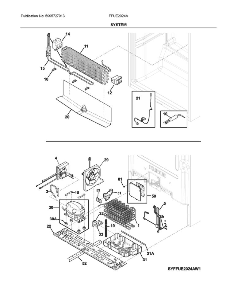 System Diagram and Parts List for FFUE2024AN1  Frigidaire Freezer