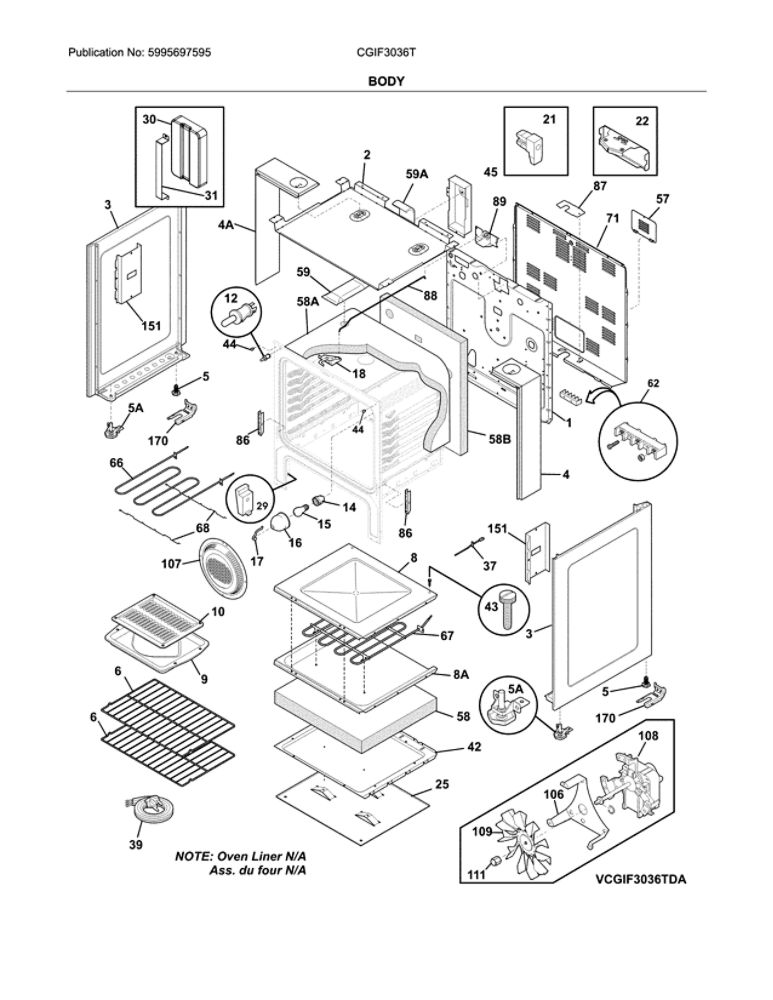 Body Diagram and Parts List for CGIF3036TDA  Frigidaire Range
