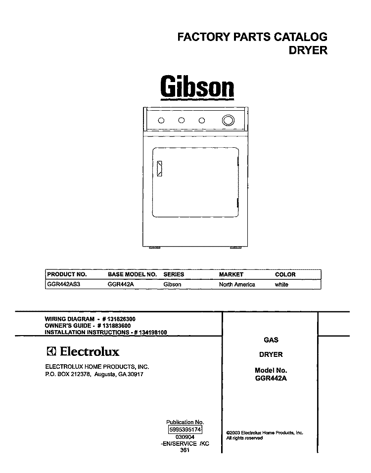COVER Diagram and Parts List for GGR442AS3  Gibson Dryer