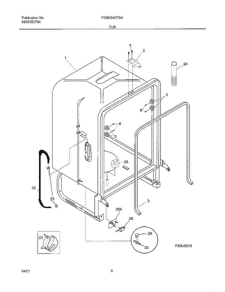 TUB Diagram and Parts List for FDB634CFS4  Frigidaire Dishwasher