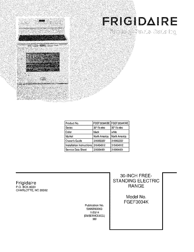 COVER Diagram and Parts List for FGEF3034KWE  Frigidaire Range