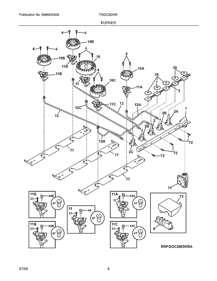 BURNERS Diagram and Parts List for FGGC3645KBA  Frigidaire Cooktop