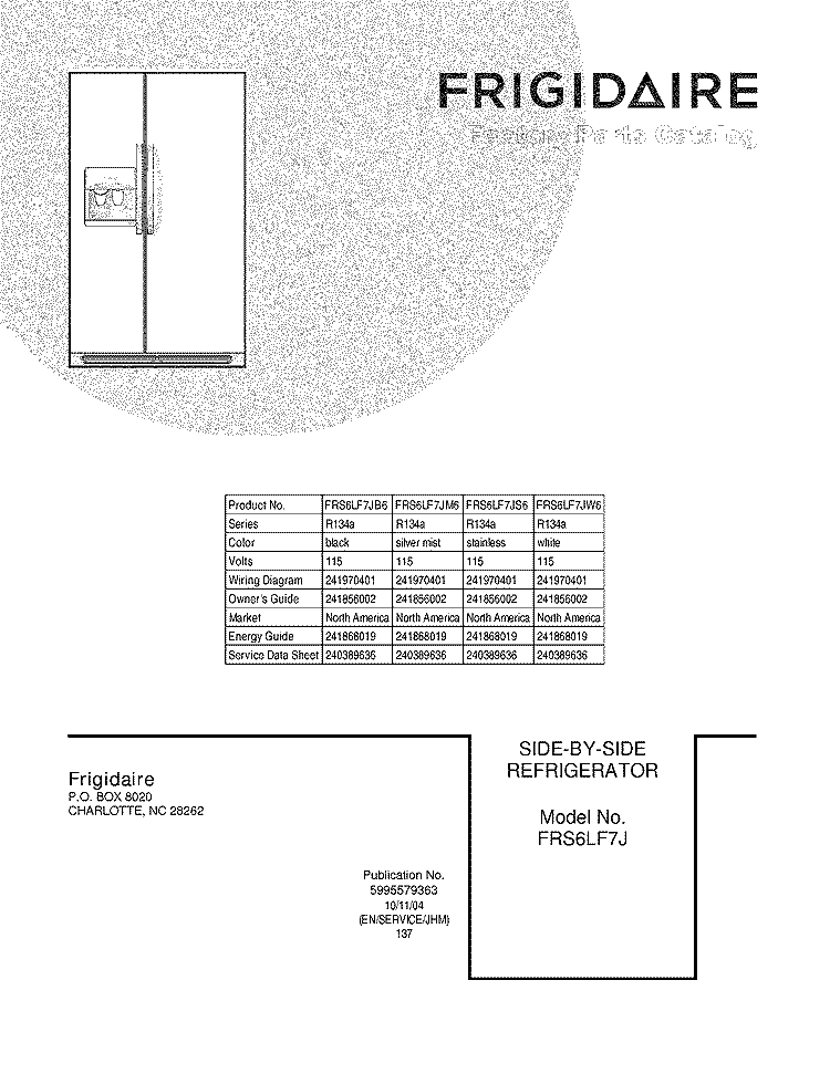 COVER Diagram and Parts List for FRS6LF7JB6  Frigidaire Refrigerator