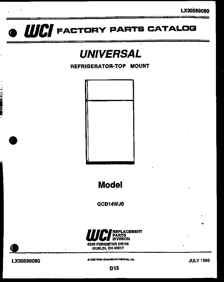 COVER Diagram and Parts List for GCD14WD0  Frigidaire Refrigerator