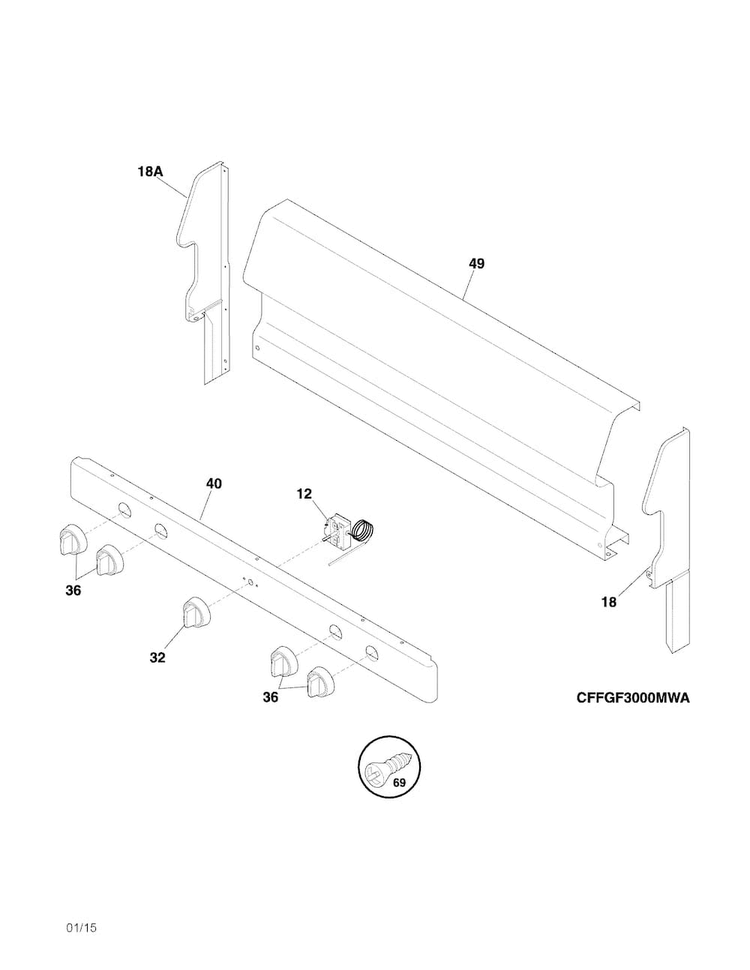 Backguard Diagram and Parts List for FFGF3005MWB  Frigidaire Range