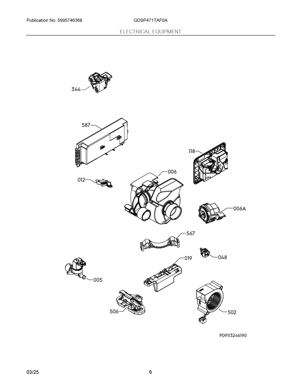 Electrical Equipment Diagram and Parts List for GDSP471TAF0A  Frigidaire Dishwasher
