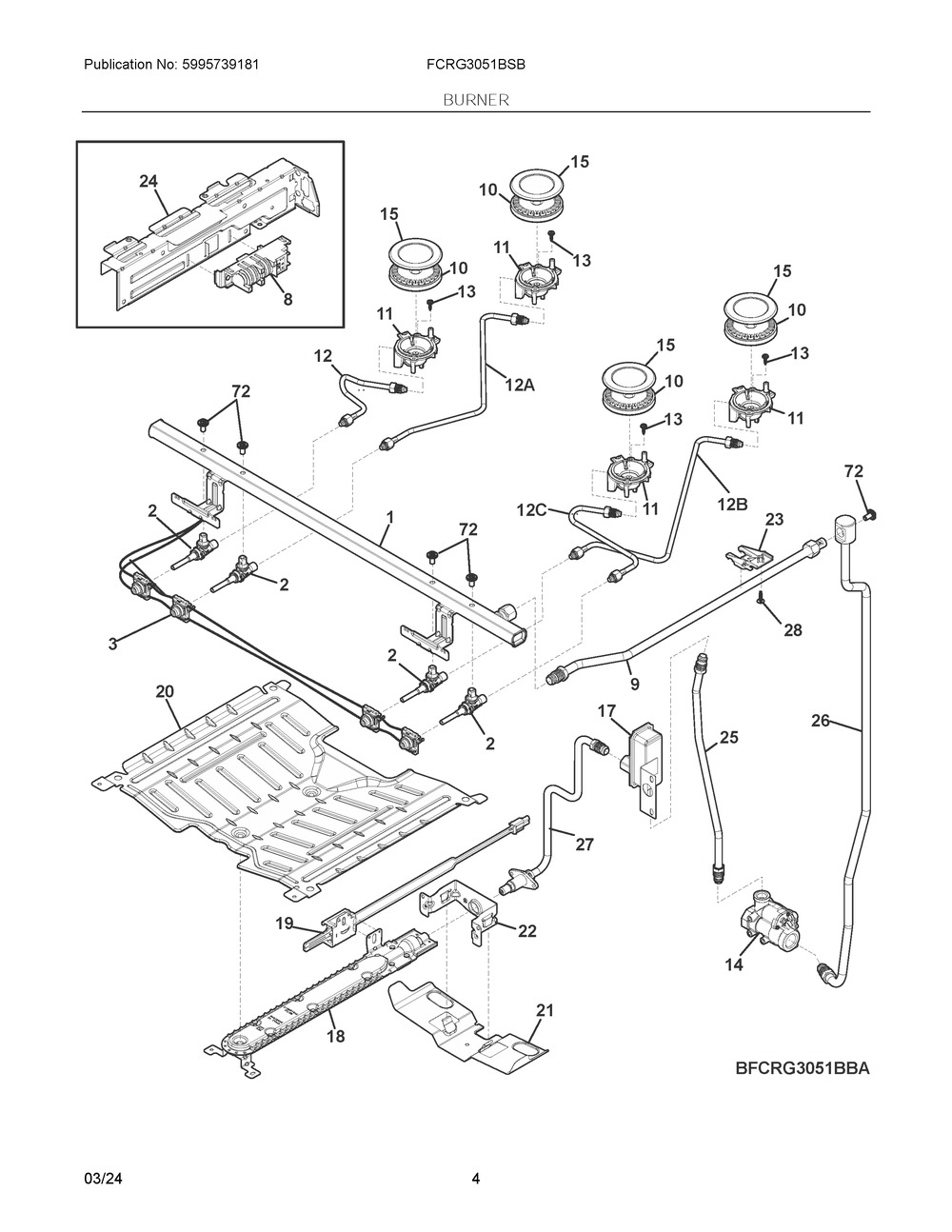 Burner Diagram and Parts List for FCRG3051BSB  Frigidaire Range