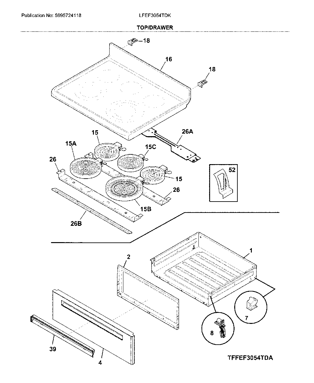Top/drawer Diagram and Parts List for LFEF3054TDK  Frigidaire Range