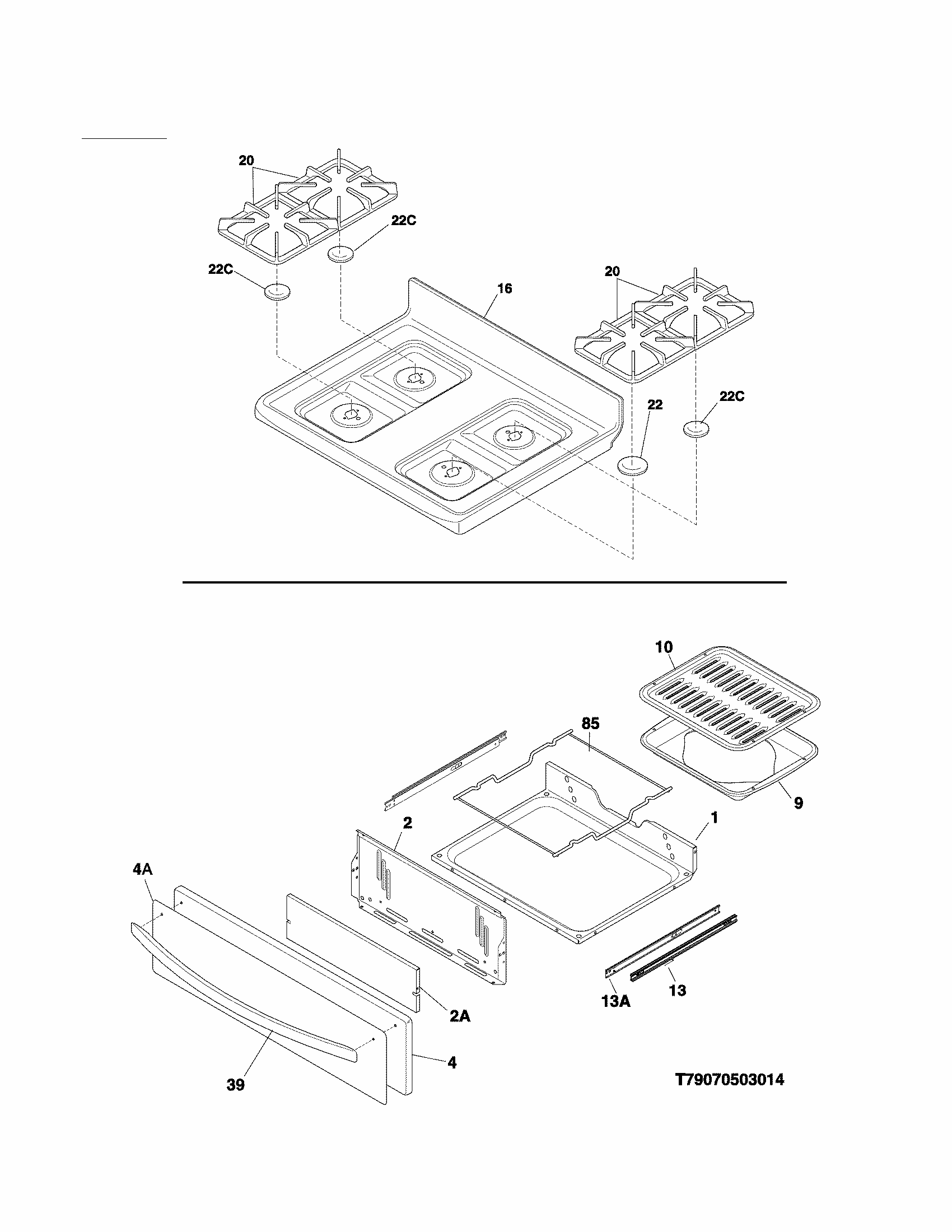 Top/drawer Diagram and Parts List for 79073233312  Kenmore Range