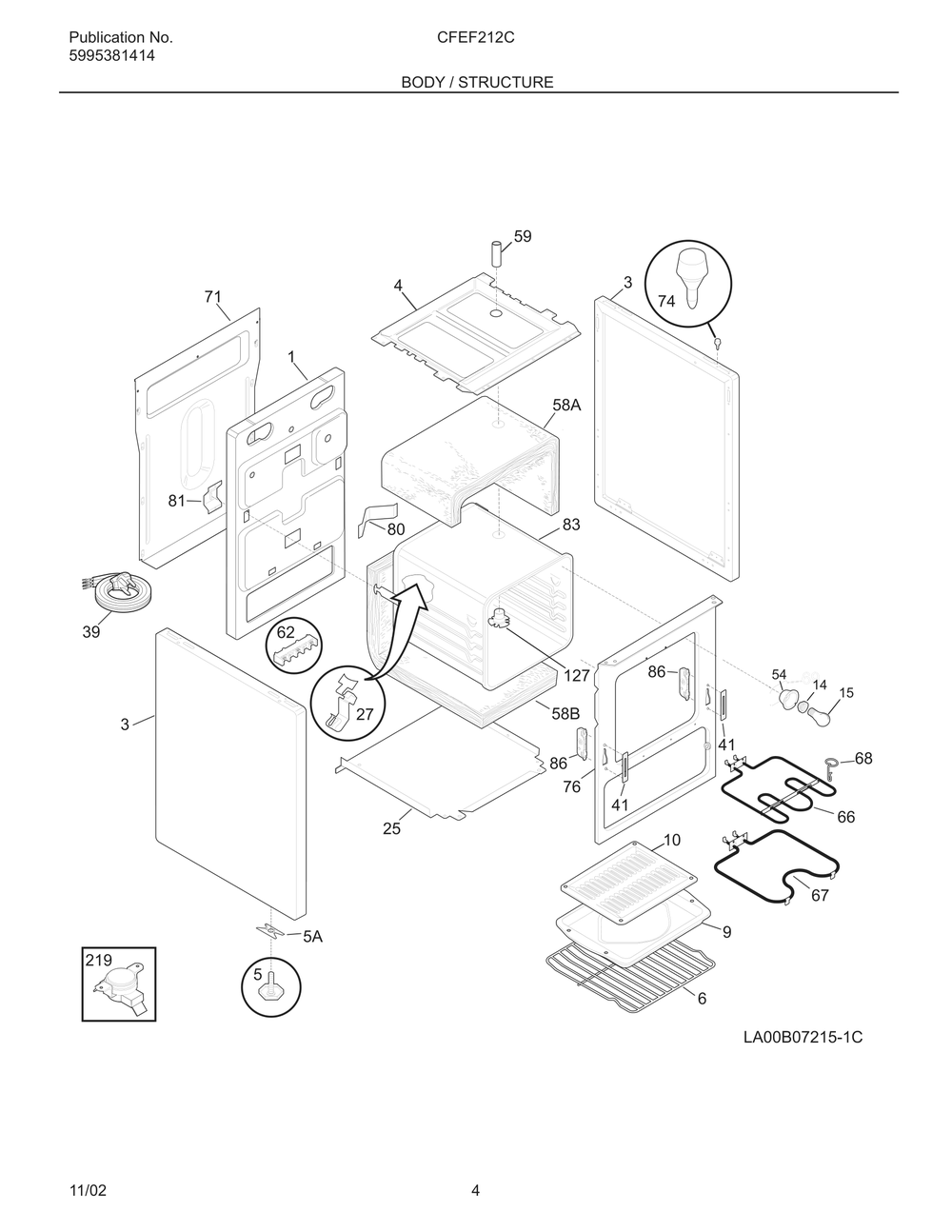 Body / Structure Diagram and Parts List for CFEF212CS1  Frigidaire Range