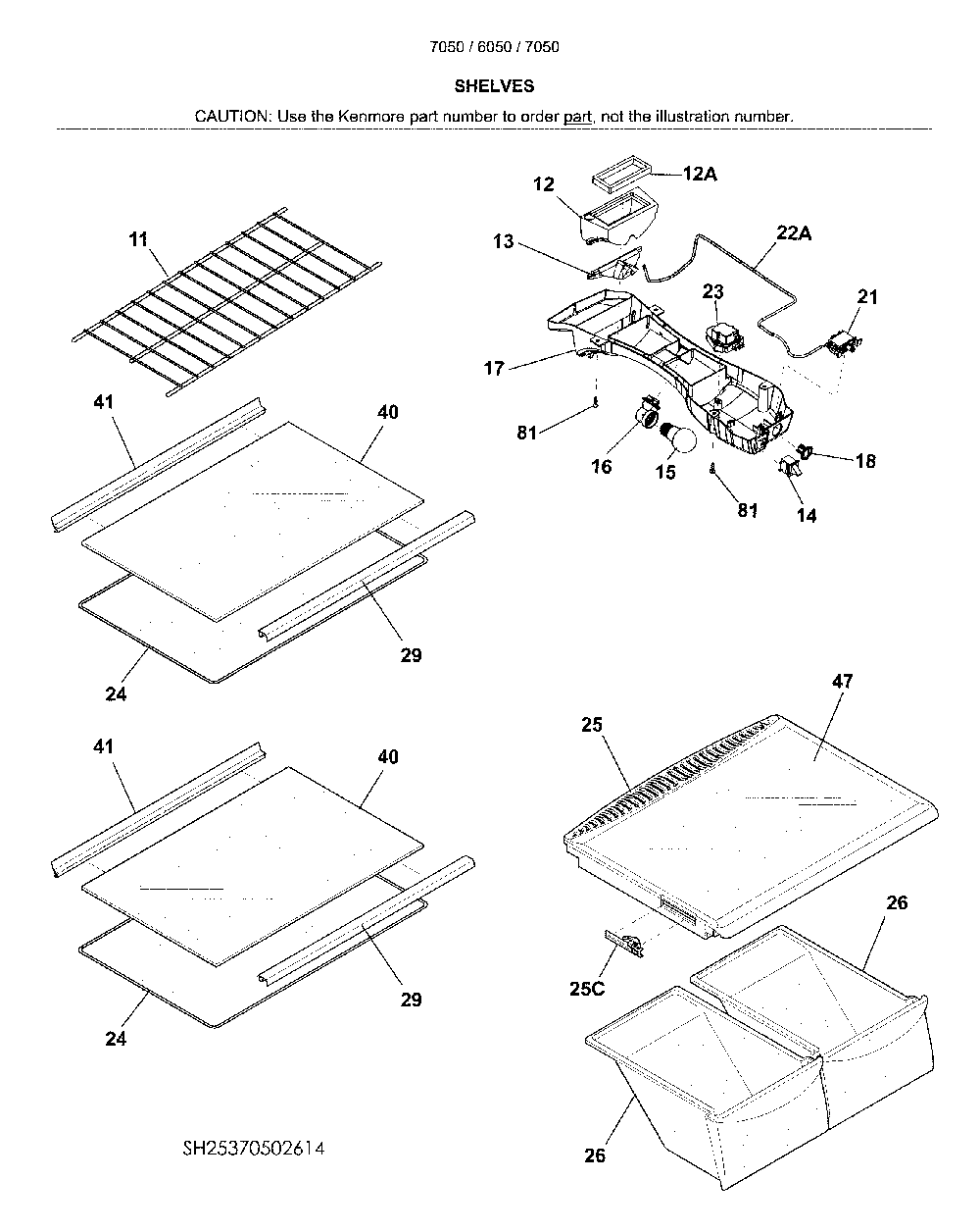 Shelves Diagram and Parts List for 25370502619  Kenmore Refrigerator
