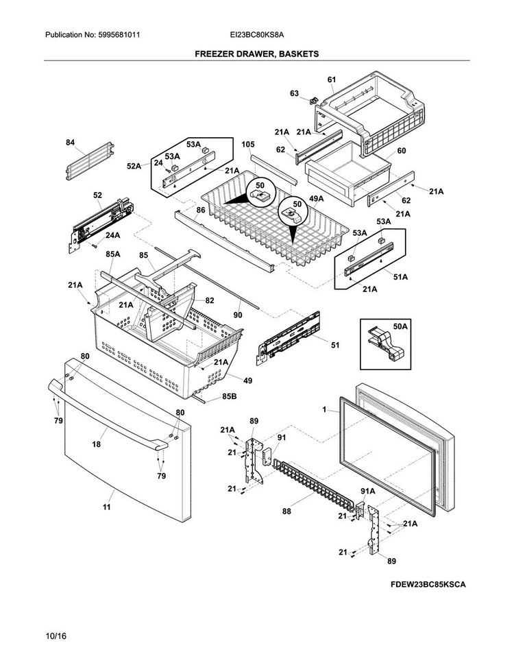 Freezer Drawer, Baskets Diagram and Parts List for EI23BC80KS8A  Electrolux Refrigerator