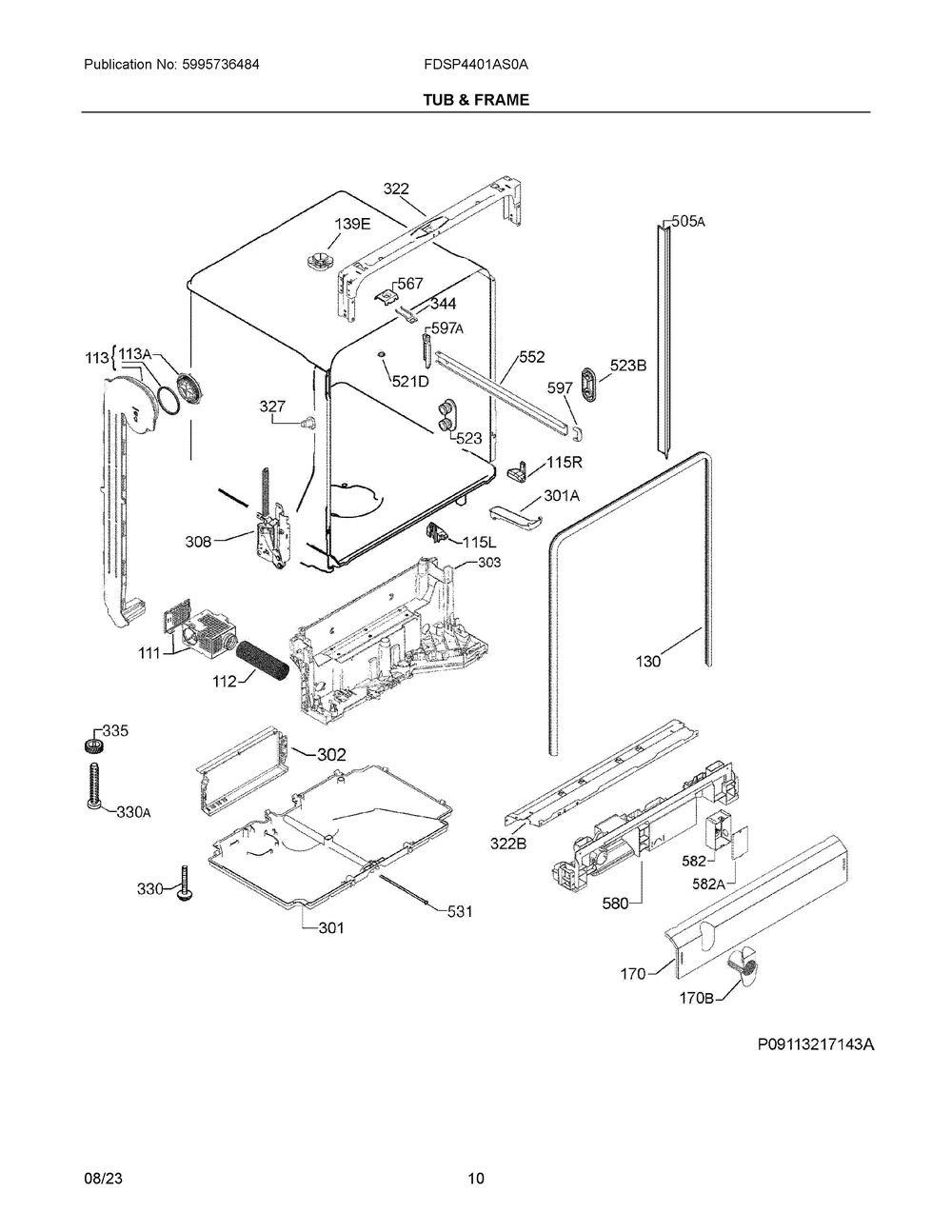 Tub And Frame Diagram and Parts List for FDSP4401AS0A  Frigidaire Dishwasher
