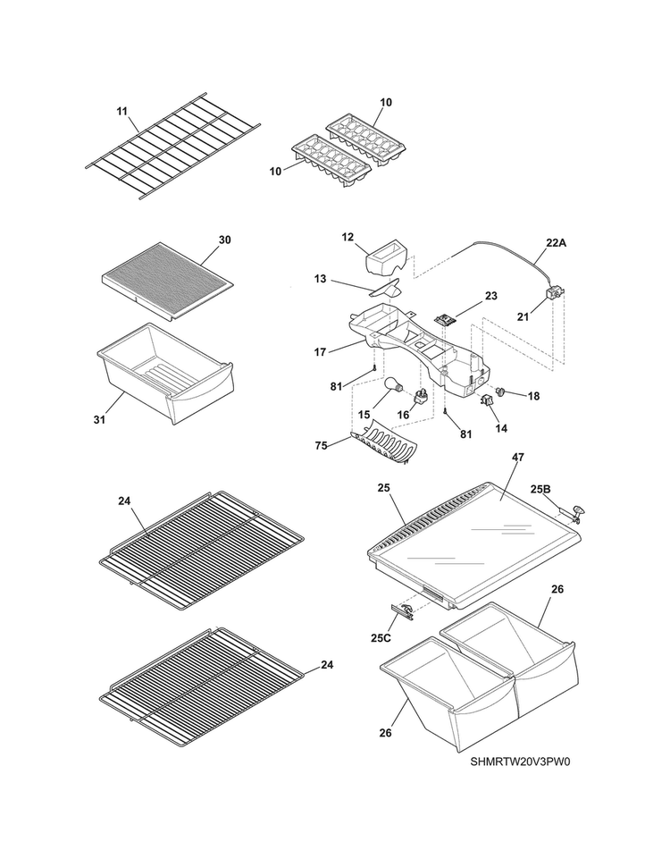 Shelves Diagram and Parts List for MRTW20V3PW2  Uni Refrigerator