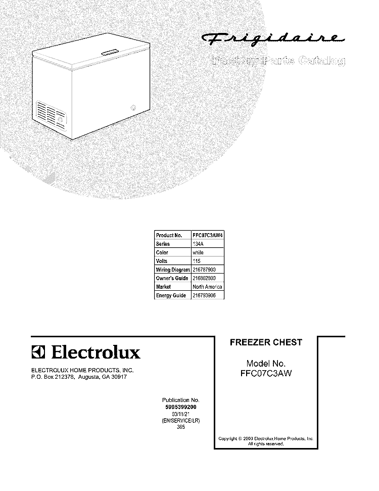 COVER Diagram and Parts List for FFC07C3AW4  Frigidaire Freezer