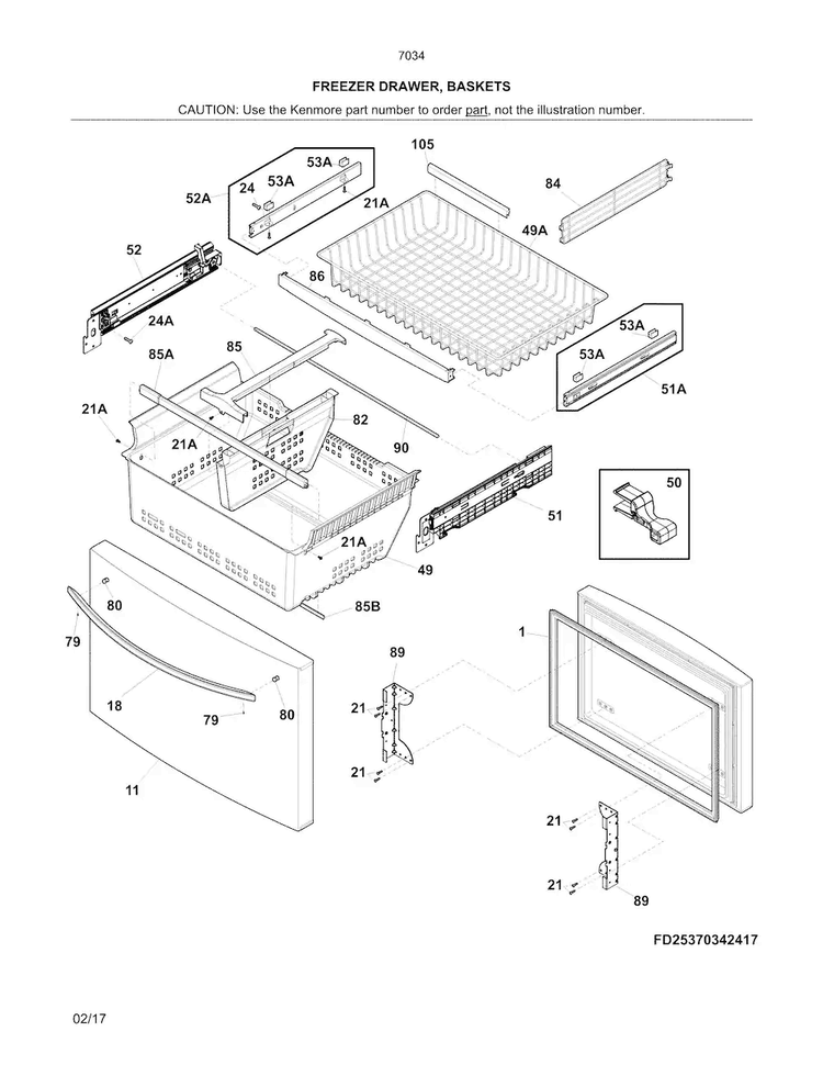 Freezer Drawer, Baskets Diagram and Parts List for 2537034241B  Kenmore Refrigerator