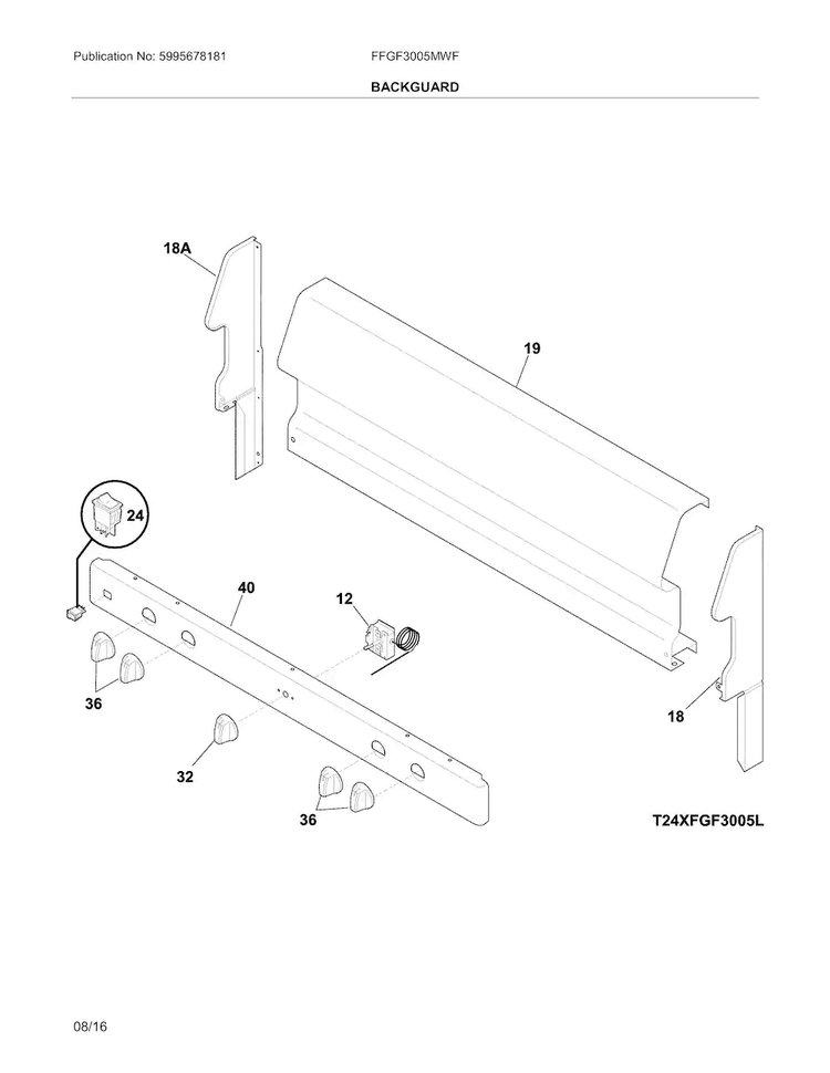 Backguard Diagram and Parts List for FFGF3005MWF  Frigidaire Range