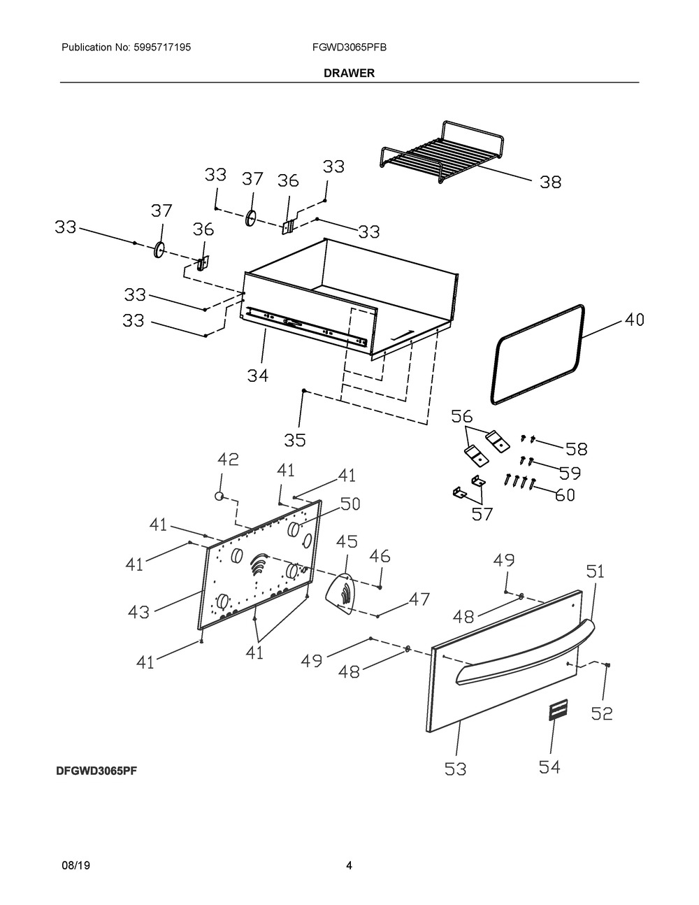 Drawer Diagram and Parts List for FGWD3065PFB  Frigidaire Warming Drawer
