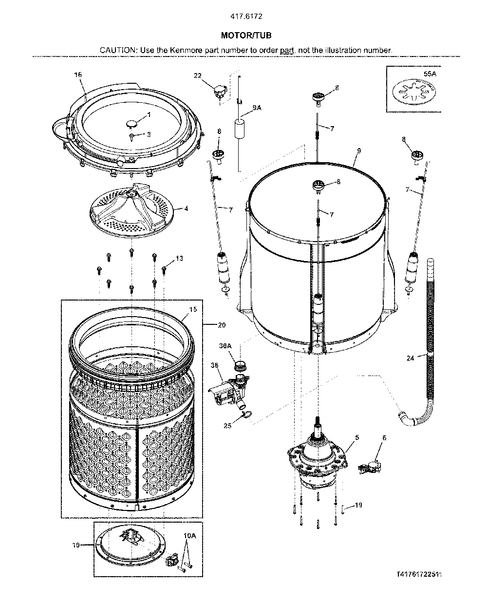 Motor/tub Diagram and Parts List for 41761723511  Kenmore Washer Dryer Combo