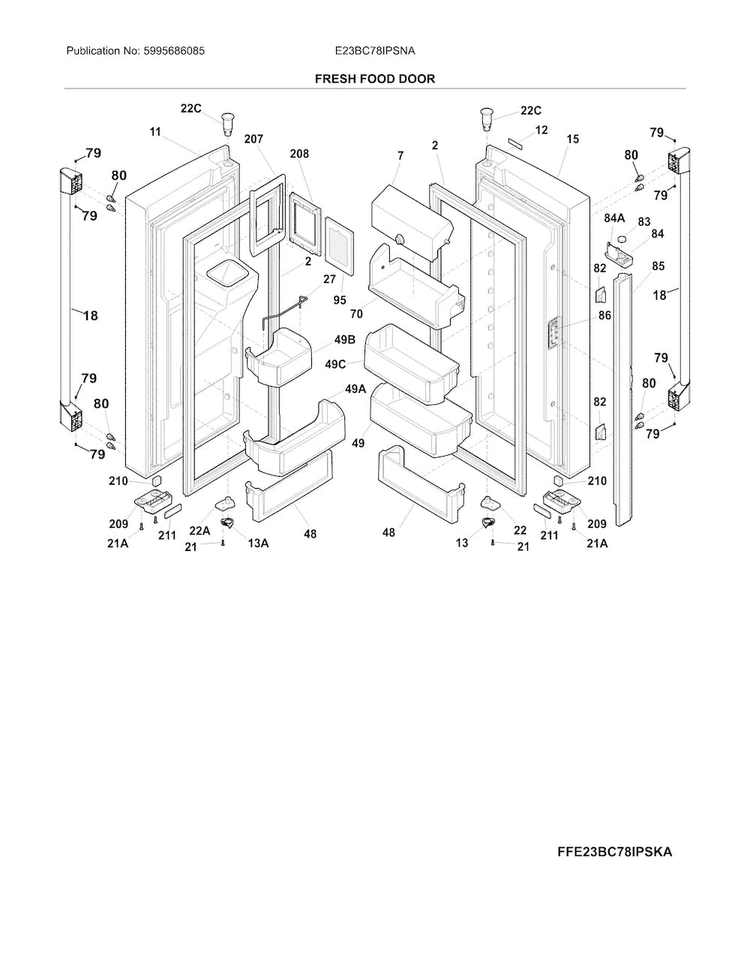 Fresh Food Door Diagram and Parts List for E23BC78IPSNA  Electrolux Refrigerator