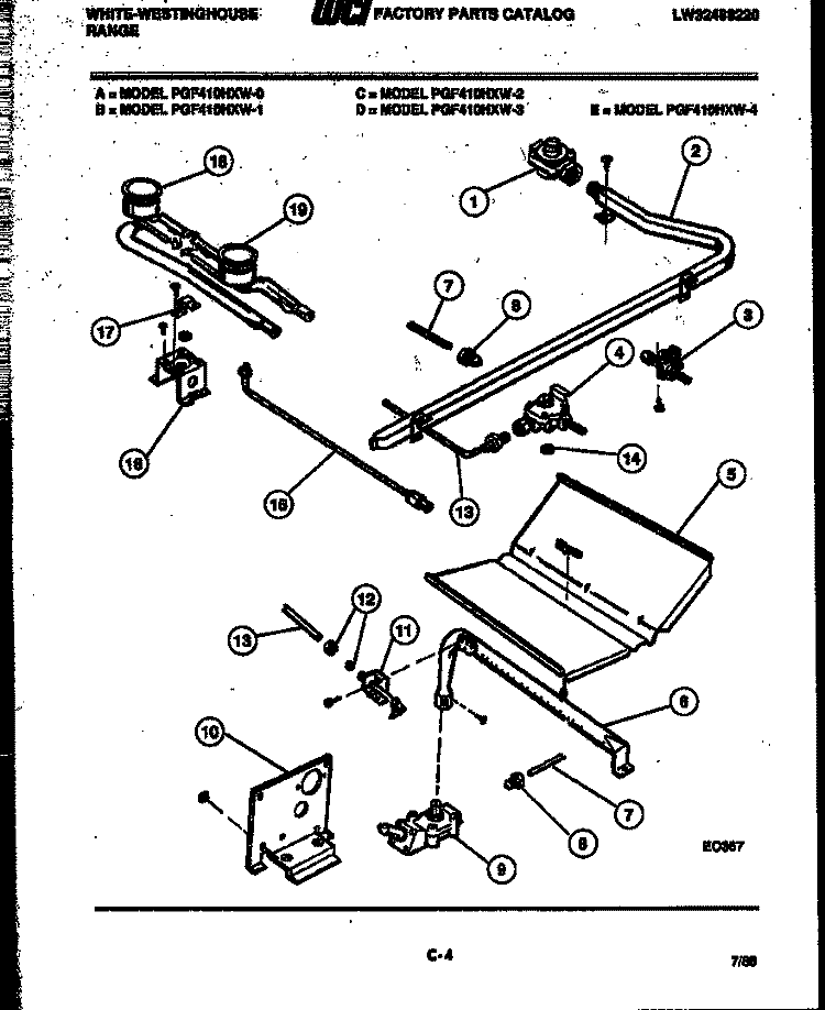 BURNER, MANIFOLD AND GAS CONTROL Diagram and Parts List for PGF410HXW2  Frigidaire Range