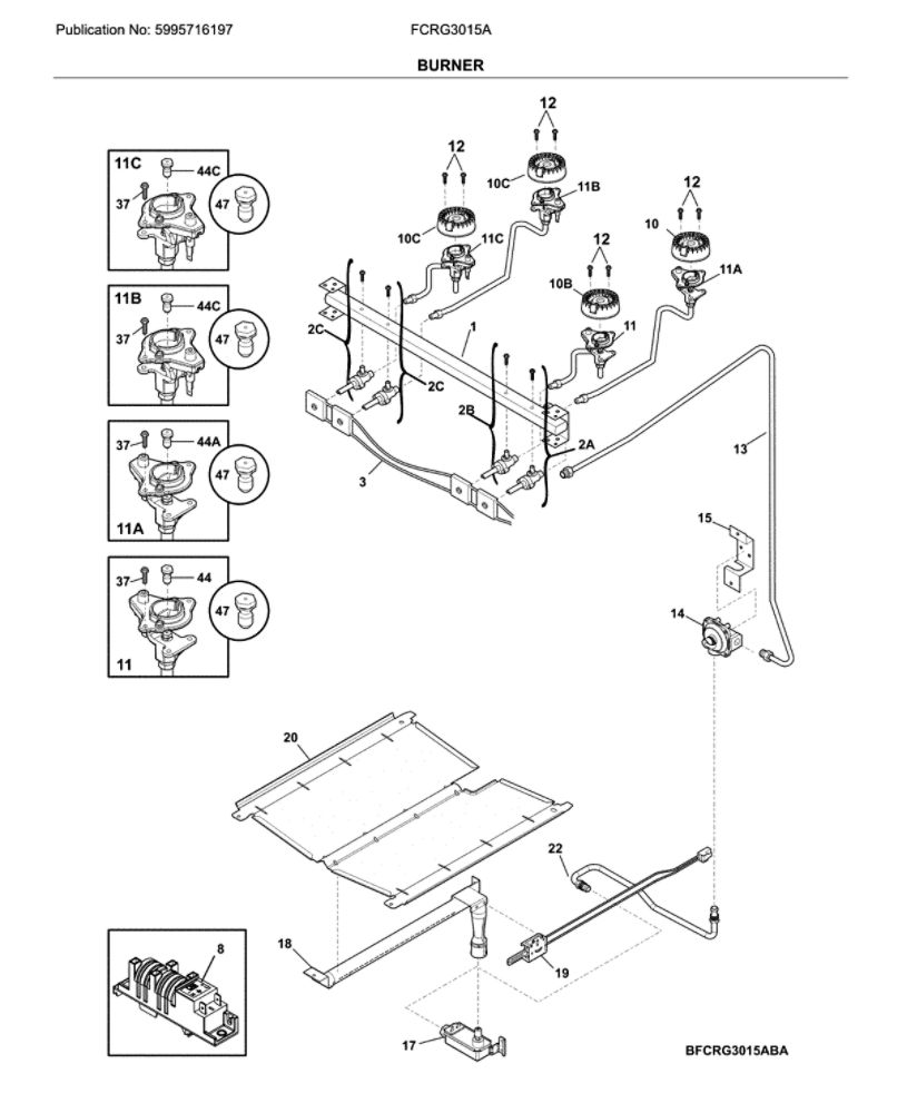 Burner Diagram and Parts List for FCRG3015ABA  Frigidaire Range