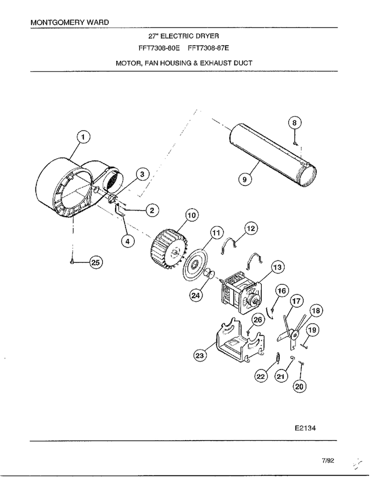 Motor/fan Housing/exhaust Duct Diagram and Parts List for 7308-80E  Frigidaire Dryer