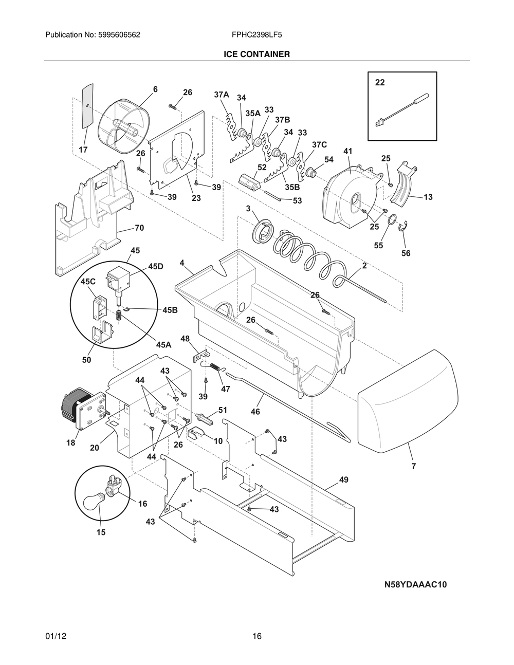 Ice Container Diagram and Parts List for FPHC2398LF5  Frigidaire Refrigerator