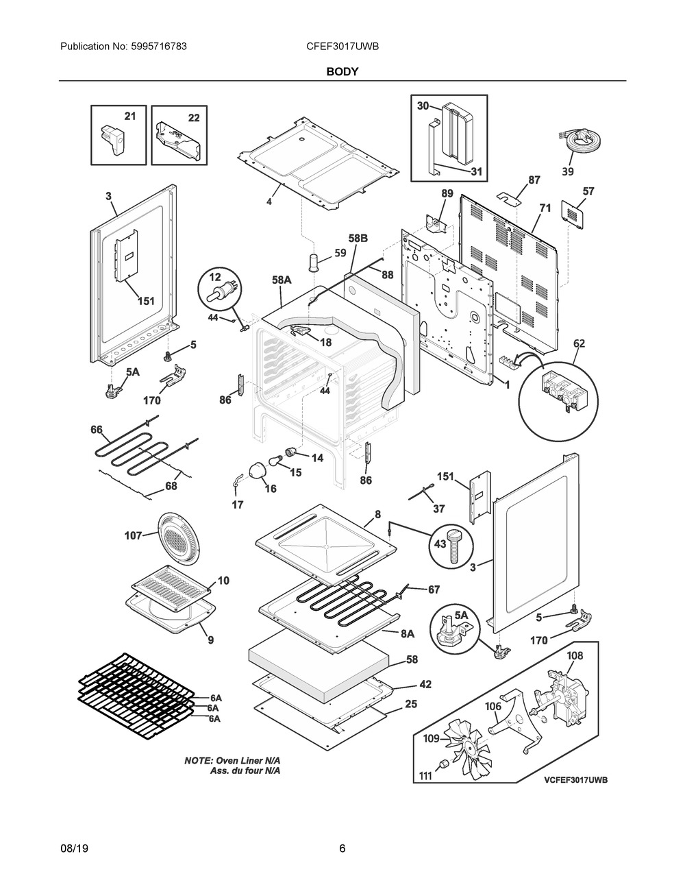 Body Diagram and Parts List for CFEF3017UWB  Frigidaire Range