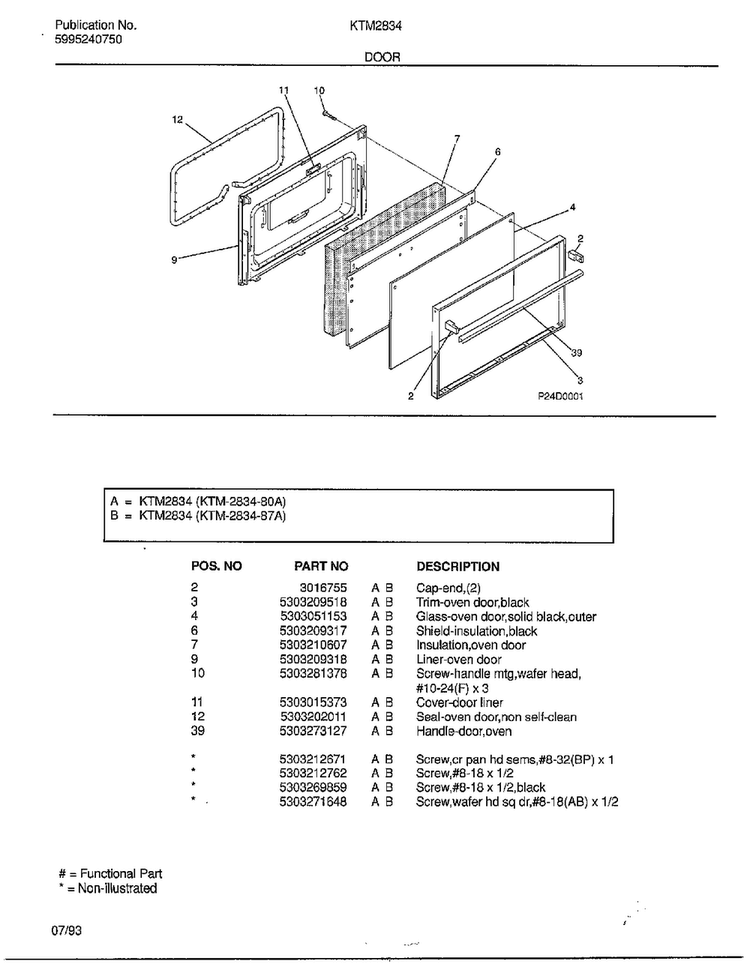 Door Diagram and Parts List for 2834-80A  Frigidaire Range