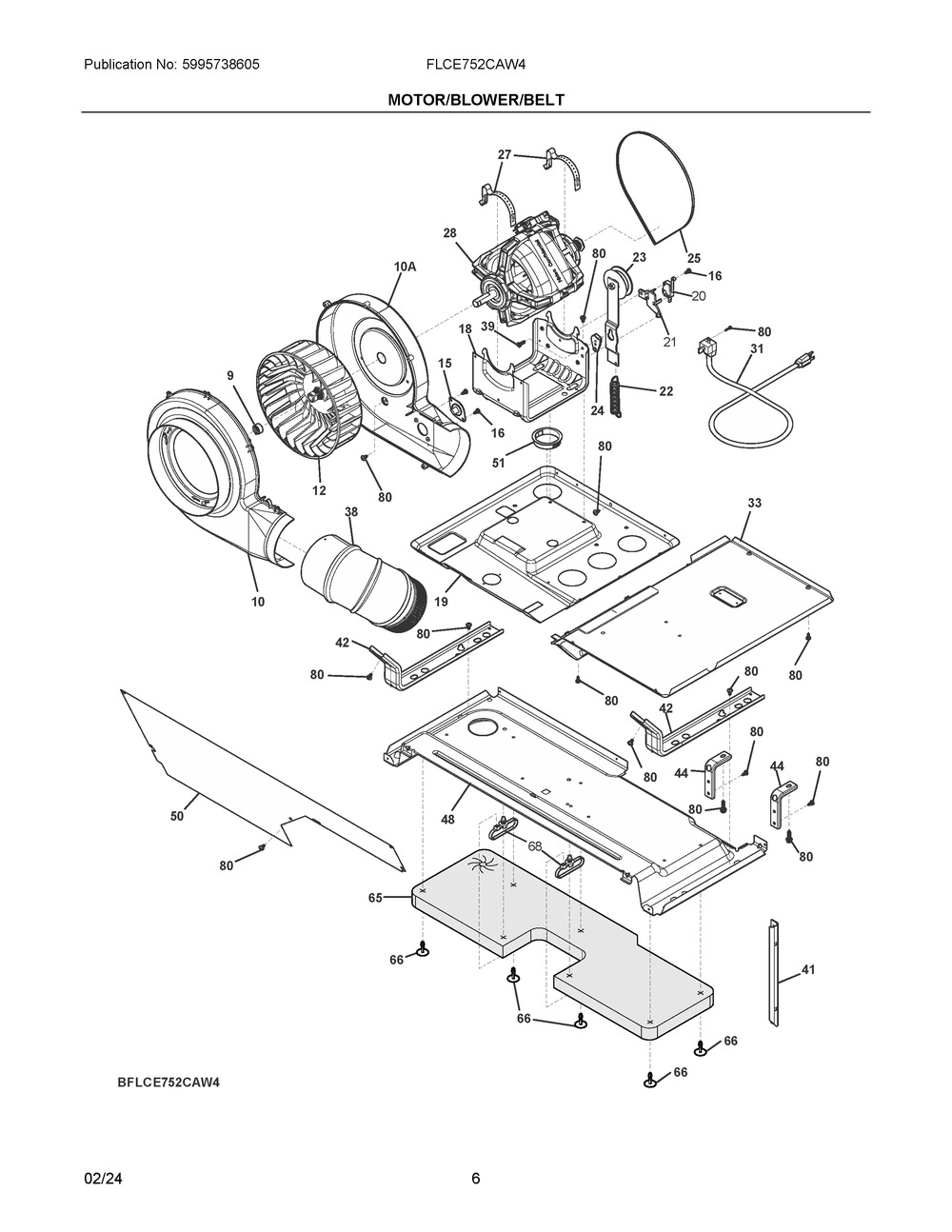 Motor/Blower/Belt Diagram and Parts List for FLCE752CAW4  Frigidaire Washer Dryer Combo