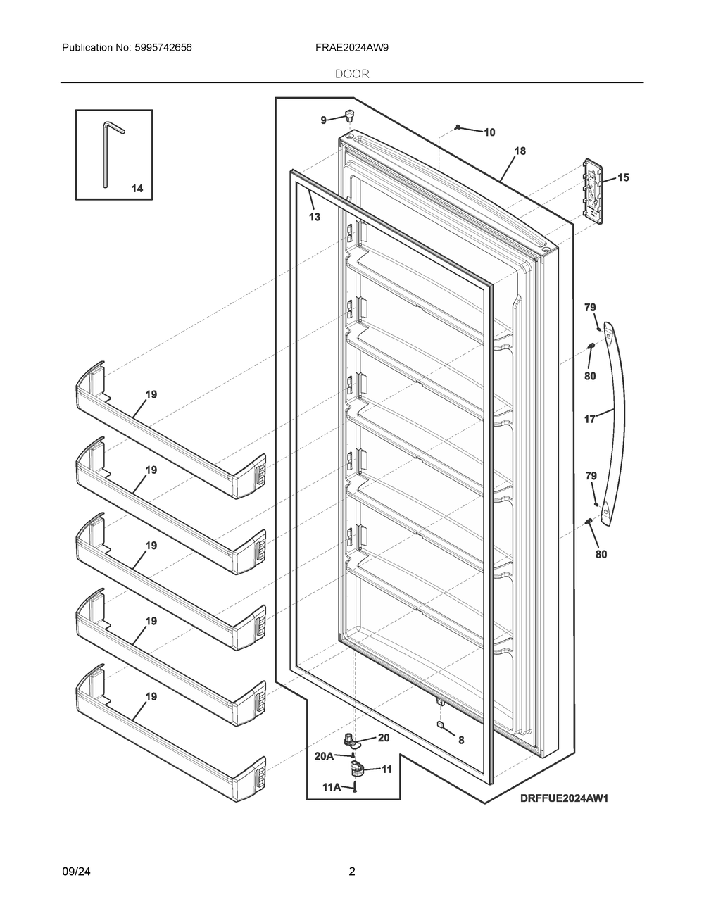 Door Diagram and Parts List for FRAE2024AW9  Frigidaire Refrigerator
