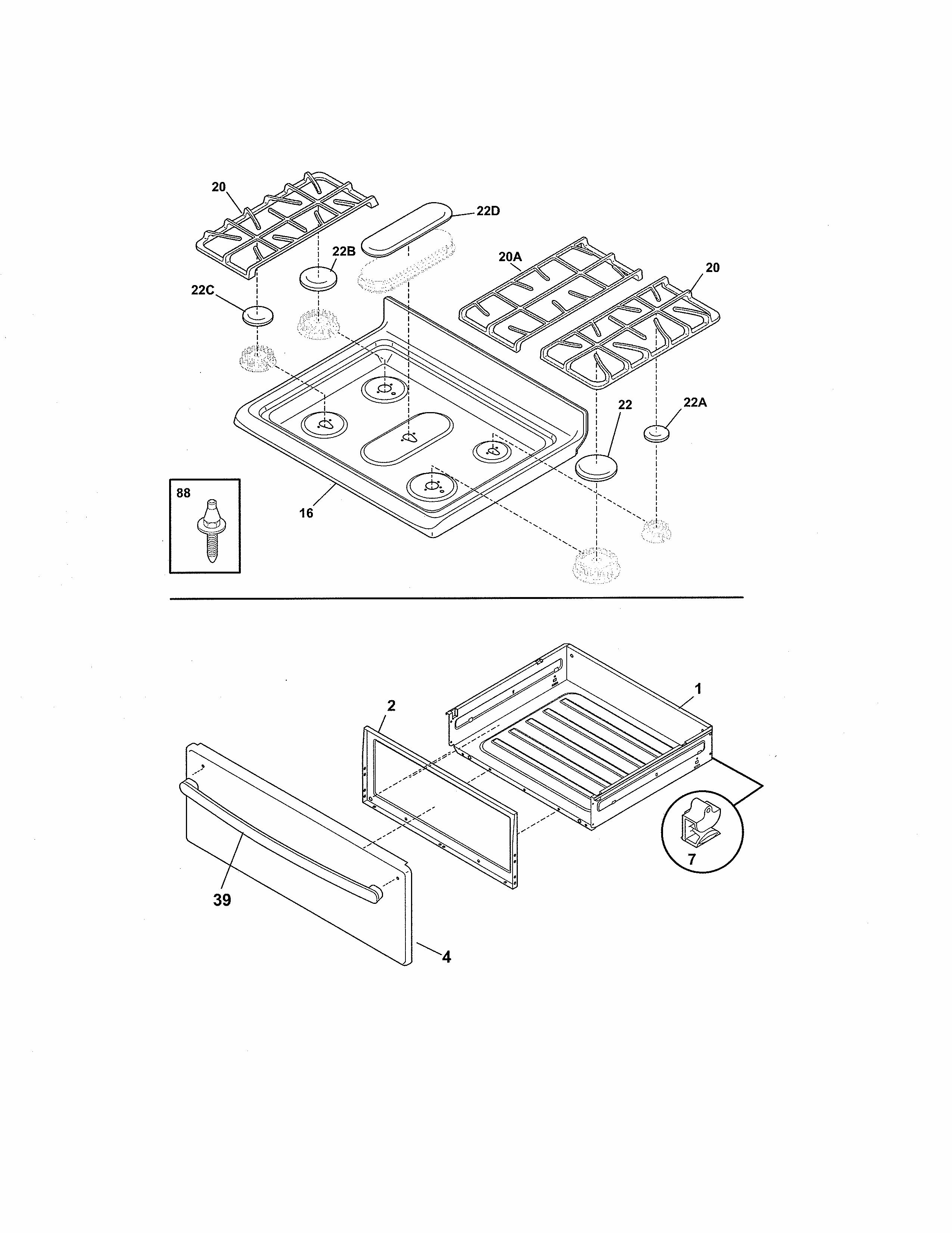 Top/drawer Diagram and Parts List for 79077463805  Kenmore Range
