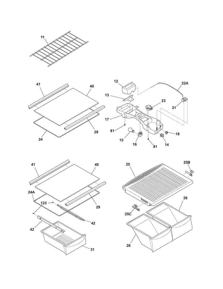 Shelves Diagram and Parts List for FFTR1715LBE  Frigidaire Refrigerator