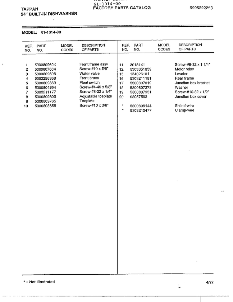 Tappan  24" Built-in Dishwasher Page 2 Diagram and Parts List for 61-1014-00  Frigidaire Dishwasher