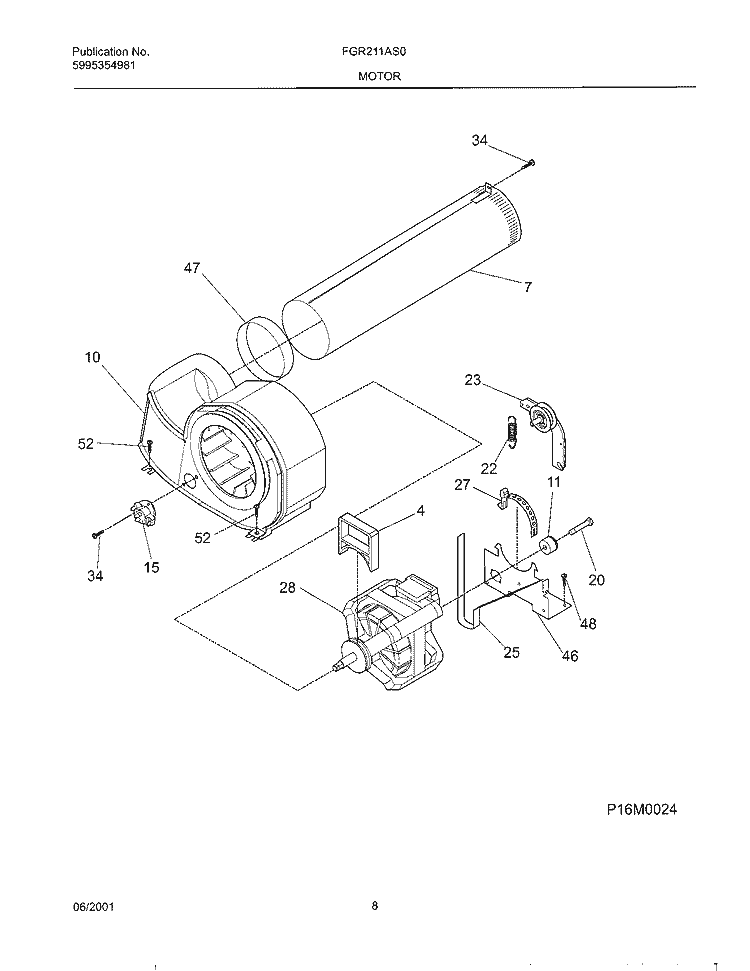 MOTOR, BLOWER Diagram and Parts List for FGR211AS0  Frigidaire Dryer
