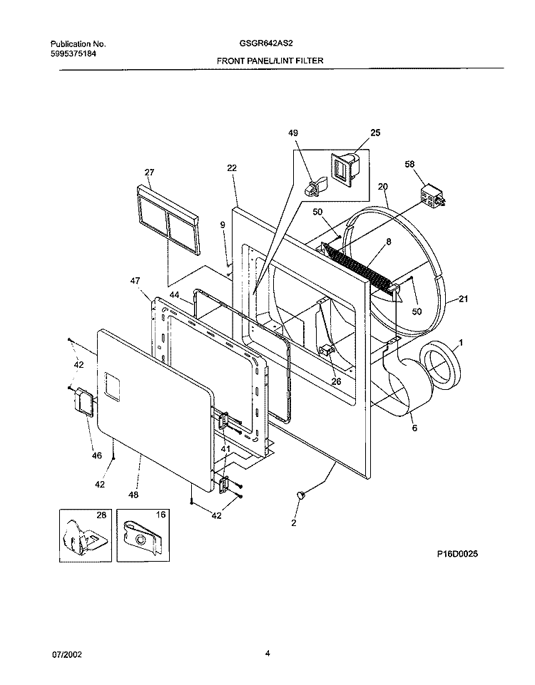 FRNT PNL, DOOR Diagram and Parts List for GSGR642AS2  Frigidaire Dryer