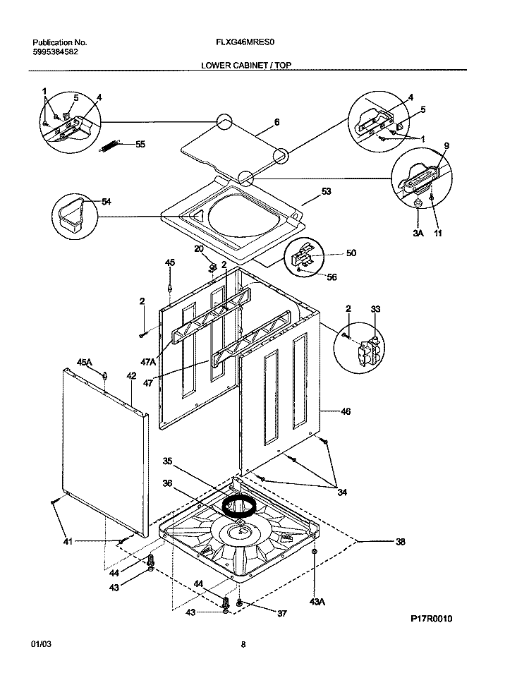 LOWER CABINET / TOP Diagram and Parts List for FLXG46MRES0  Frigidaire Washer Dryer Combo