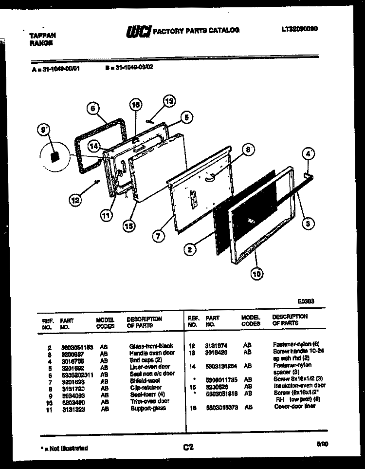 DOOR PARTS Diagram and Parts List for 31-1049-23-01  Tappan Range