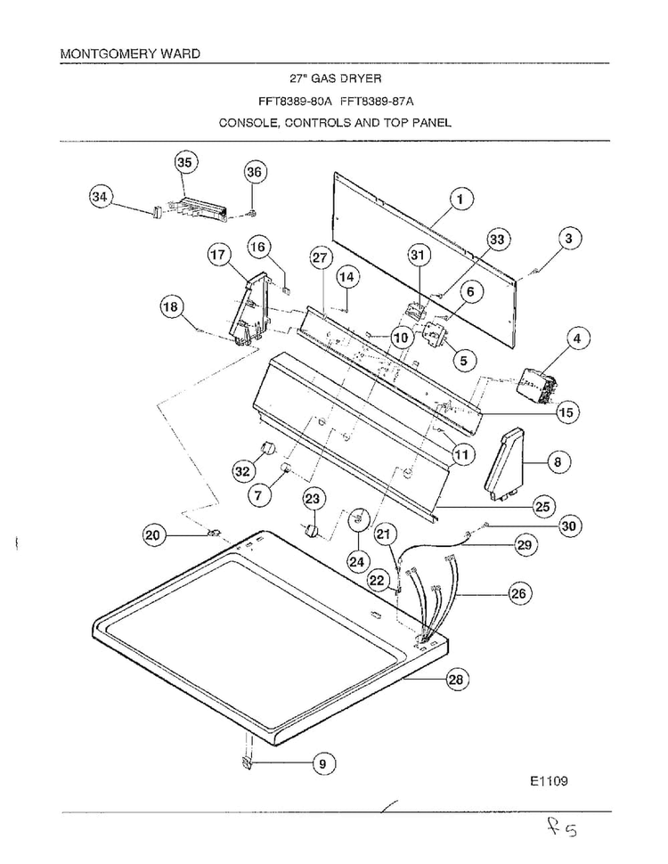 Console, Controls, Top Panel Diagram and Parts List for 8389-80A  Frigidaire Dryer