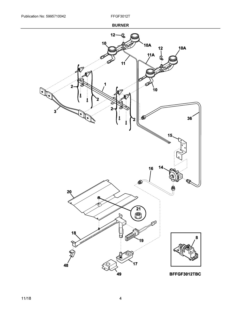 Burner Diagram and Parts List for FFGF3012TWC  Frigidaire Range